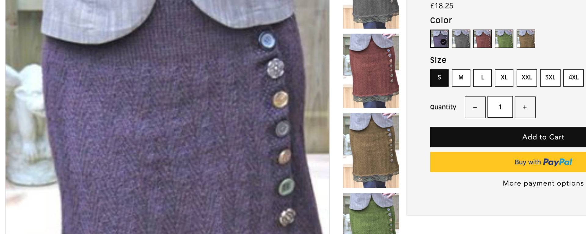 A screen shot of the fake product page showing Lori's skirt in the original purple as well as 4 other photoshopped colours